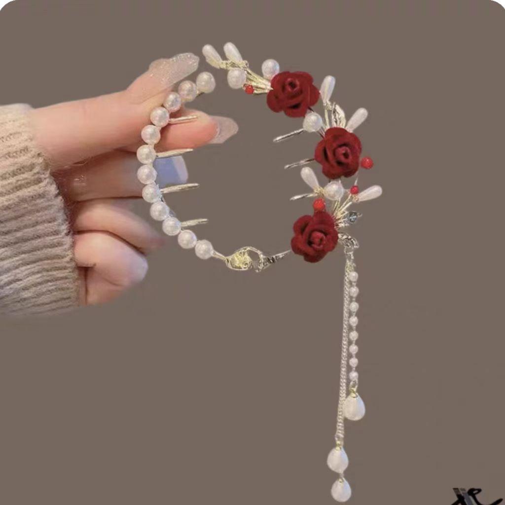 New Pearl Rose Flower Tassel Ponytail Clip Hairpin Bun Hair Accessory Headwear