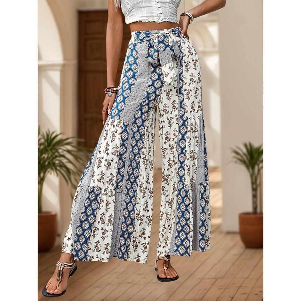 High-waisted, Drawstring Wide-leg Trousers with Patchwork Ethnic-style Details – Casual Wide-leg Trousers for Women
