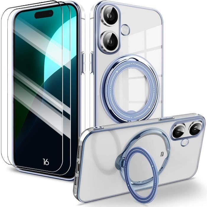 Case for iPhone 16, Shockproof Silicone Protection with Blue Outline and Magnetic Stand + 2 Tempered Glasses