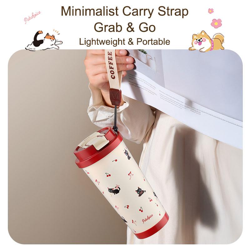 Floral Kitten Design 550Ml Dual-Drink Vacuum Insulated Cup, Large Capacity Portable 316 Stainless Steel Water Bottle