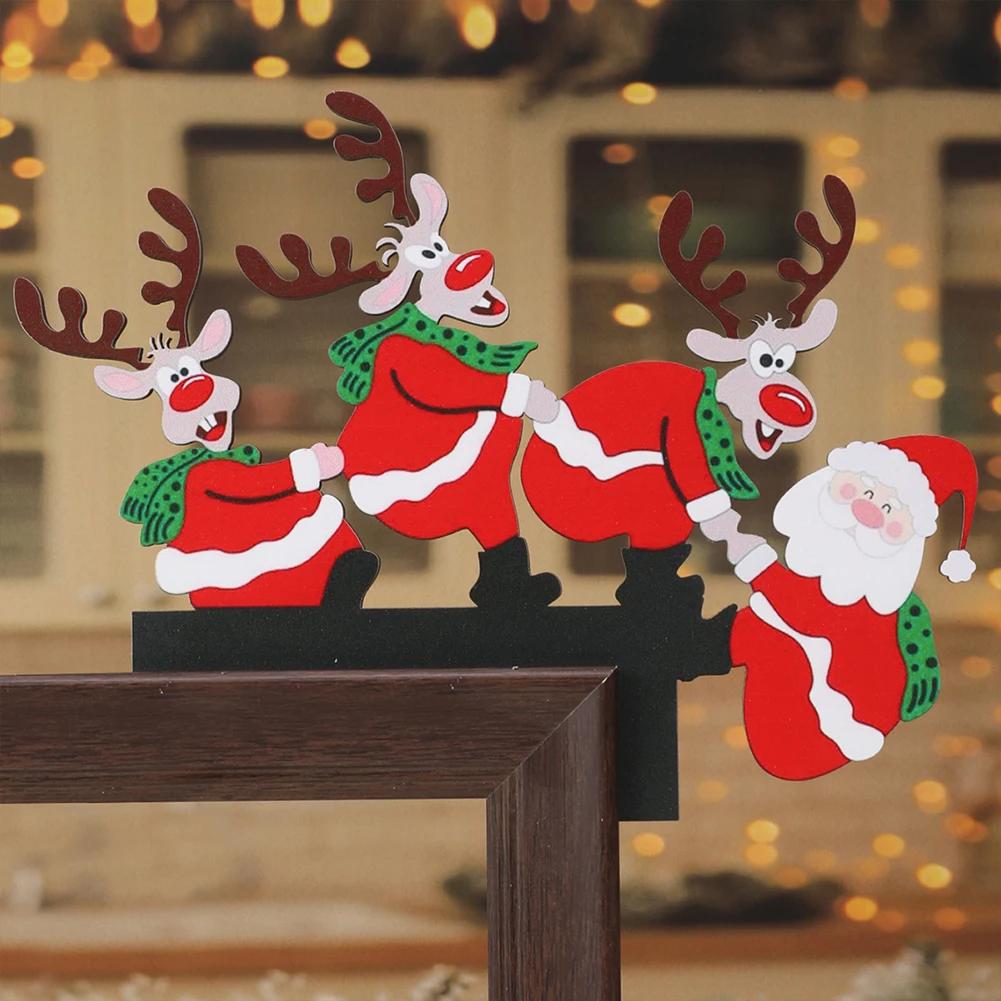 Wooden Christmas Corner Door Frame Decoration Cartoon Santa Claus Elk Xmas Penguin Pendant Merry Christma Decor For Door Frame