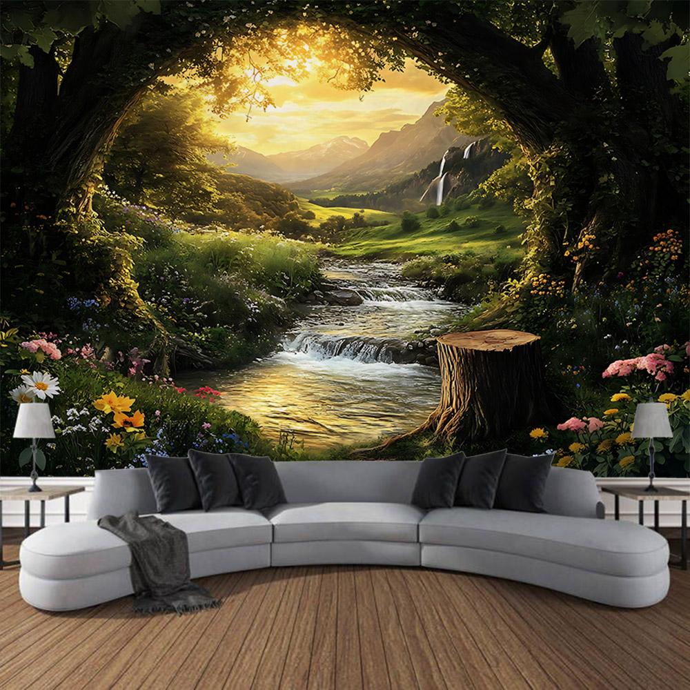 Natural Forest Waterfall Tapestry Bohemian Jungle Wall Hanging Home Art Decoration Living Room Bedroom Background Poster