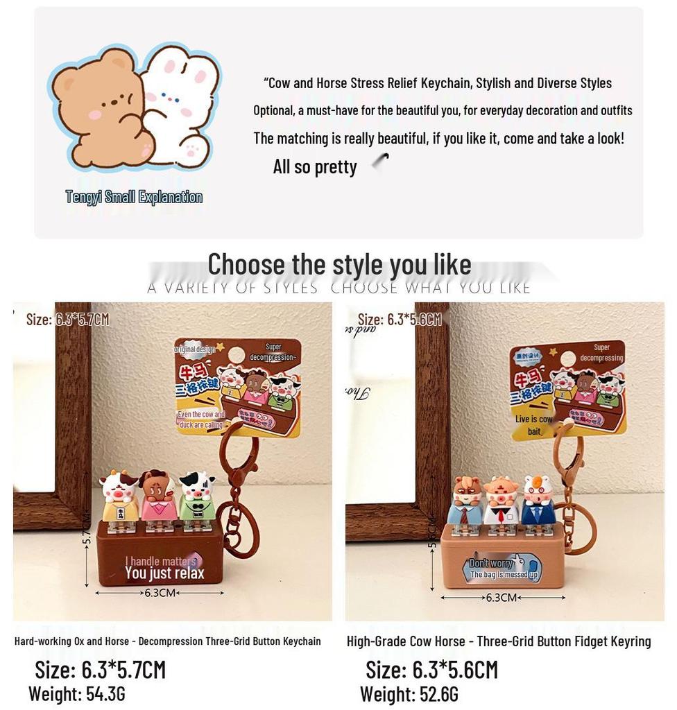 Decompression Wooden Fish Keychain Pendant Toy with Cow and Horse Buttons