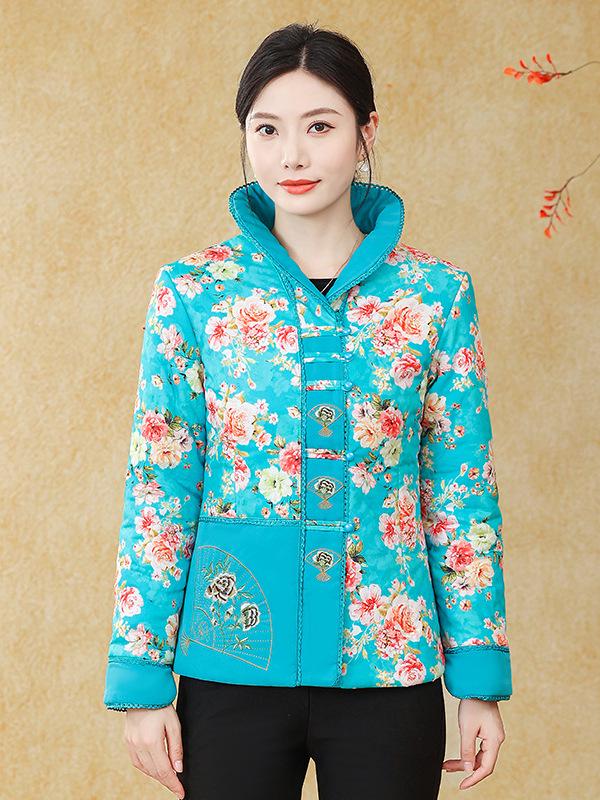 Mom's Ethnic Style Stand Collar Tang Suit: Autumn/Winter Slim Fit Cotton Jacket for Middle-Aged & Elderly Women