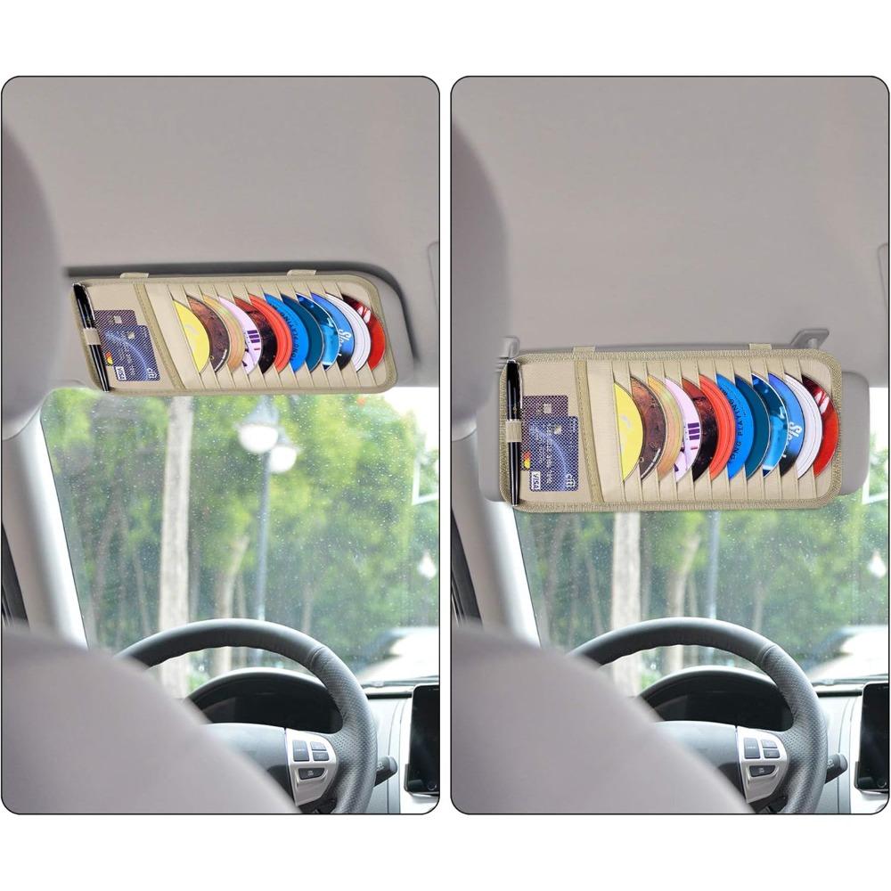 Car CD Case Holder, Vehicle Sun Visor Organizer for Cars with 12 DVD Storage Sleeves, 1 Mesh Pocket, 1 Pen Holder and Elastic Strap, Khaki