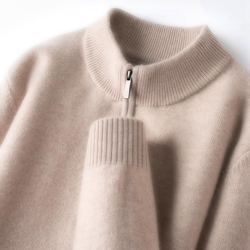Men's Thickened 460g Cashmere Wool Sweater with Zipper, Half-High Collar, Warm Knitwear for Autumn/Winter.