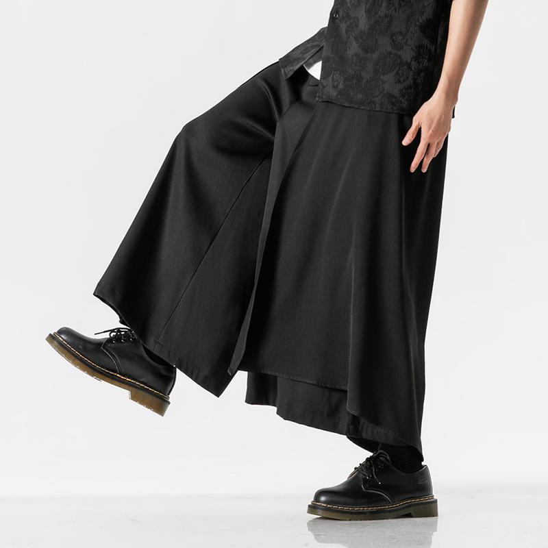 Men Black Harem Pants Chinese Style Streetwear Pants Men Black Hanfu Skirt Pants Summer Men Irregular Design Casual Pants