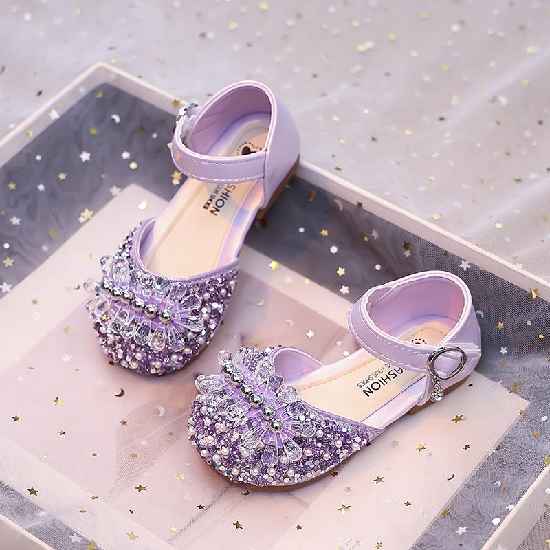 Girls Silver Single Shoes 2025 Spring and Autumn New Children's Rhinestone Korean Version Princess Shoes Little Girl Crystal Shoes Small Leather Shoes