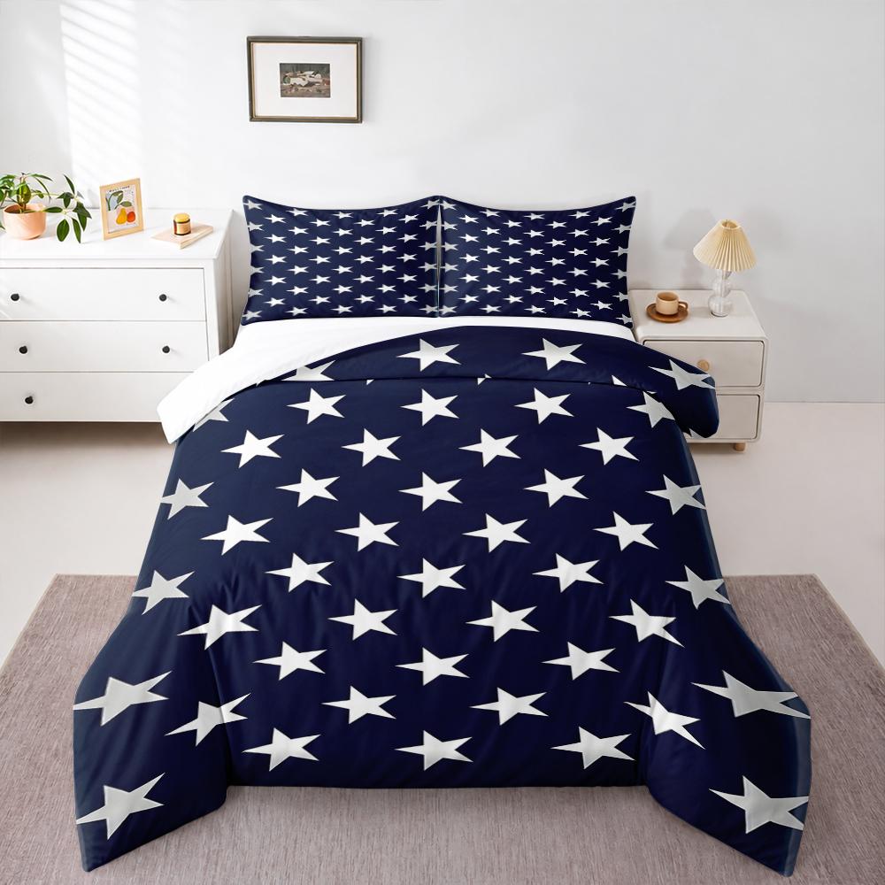Duvet Cover Set White Stars Repeating Pattern Navy Blue USA Flag Patriotic 3 Piece Bedding for Men Room Decor Gift