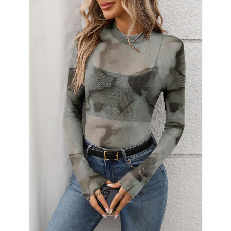Women S Sexy Y2k Sheer Mesh Long Sleeve T Shirt Half High Neck Slim Fit