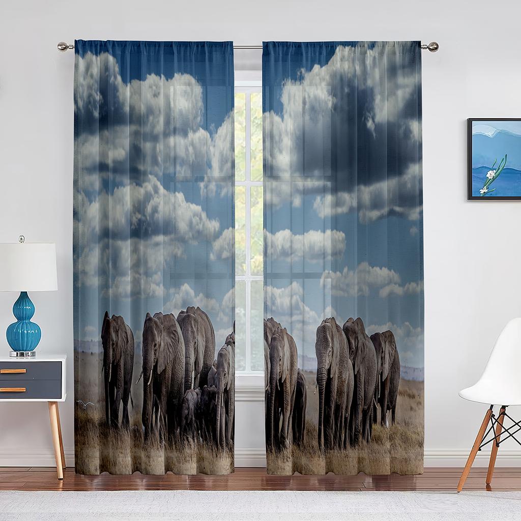 Afrikanischer Wildtier-Elefant und Nashorn-Tüllvorhänge für Wohnzimmerdekorationen, Chiffon, durchsichtiger Voile, Vorhang für Küche und Schlafzimmer