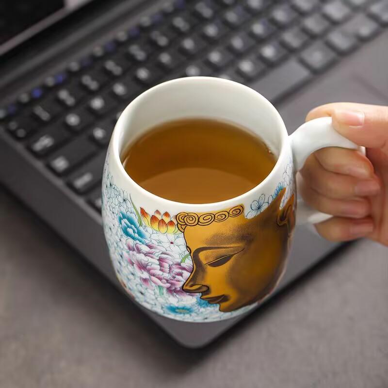 Soda Glaze Ceramic Flower Blooming Buddha Office Cup Water Cup With Lid Filter Tea Separation Tea Cup Gift Box