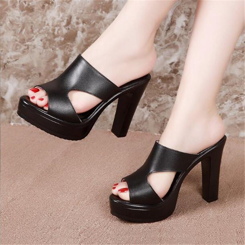 Plus Size 32-43 Block Heel Slippers Women Wedding Shoes Women Sandals Summer Cutout High Heels Slides Ladies Office Shoes