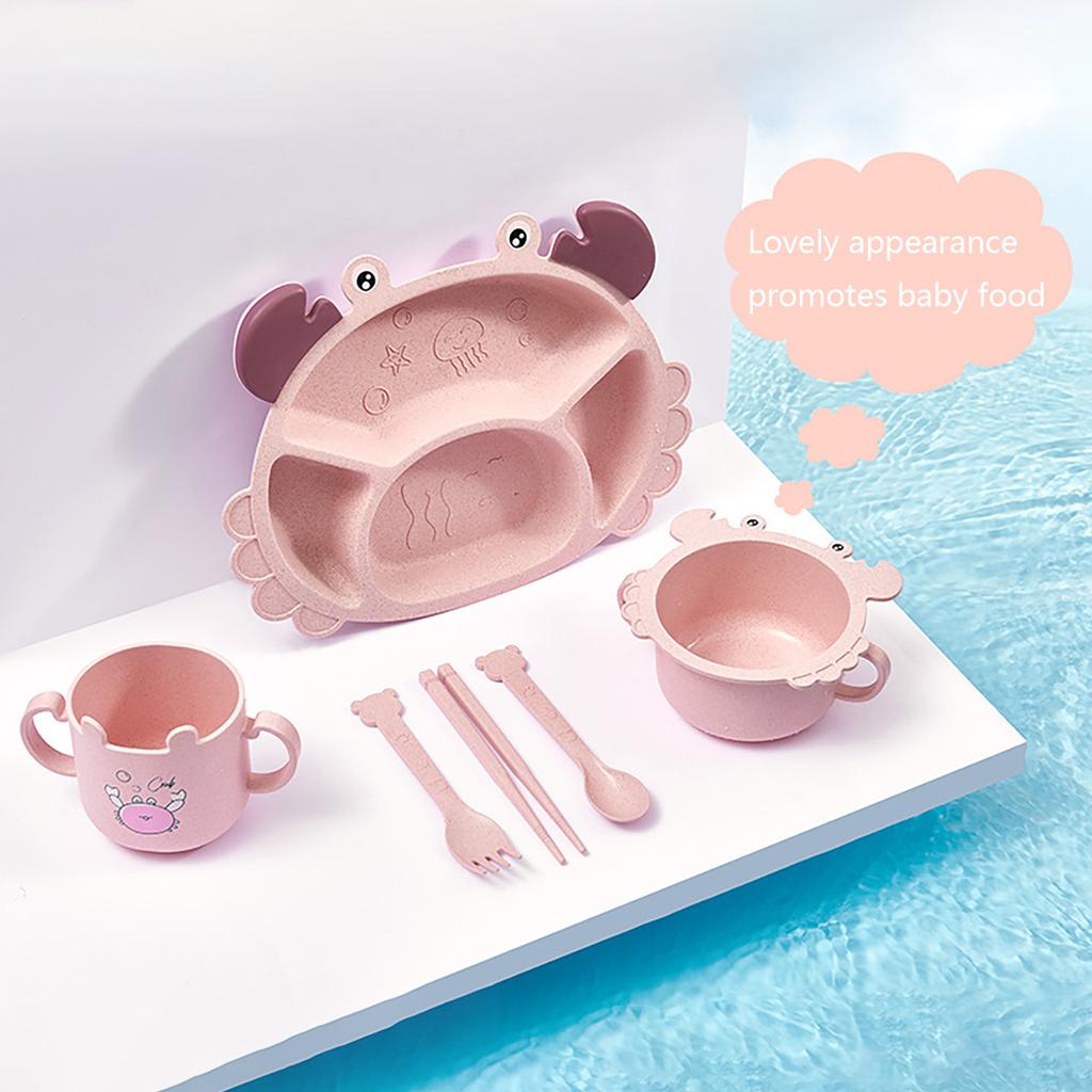 Set per l'alimentazione dei granchi per bambini, include piatto, ciotola, tazza, forchetta, cucchiaio e bacchette.