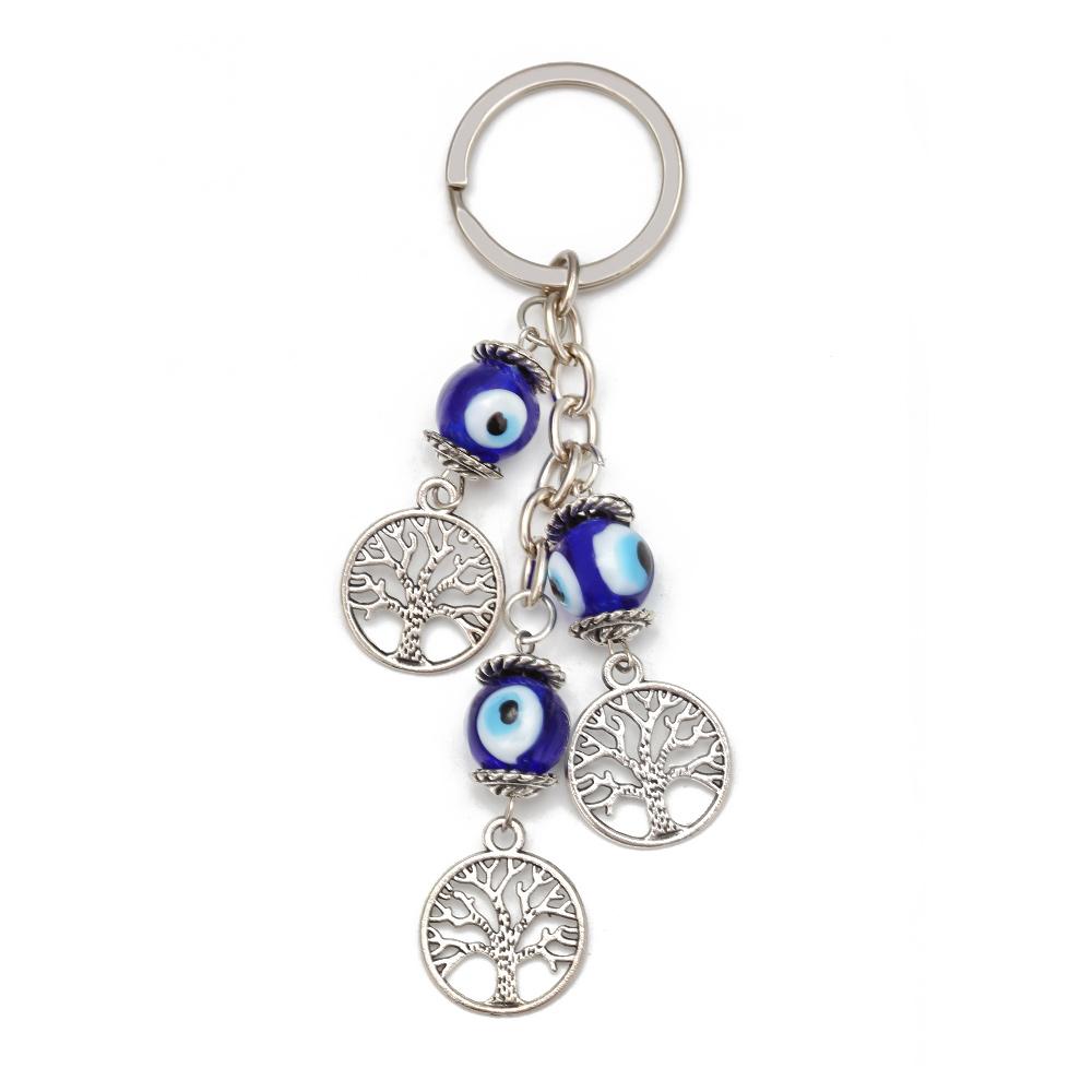 Lucky Eye Alloy Fatima Hand Elephant Owl Tree of Life Keychain Blue Turkish Evil Eye Key Chain Car Keyring for Women Men Jewelry