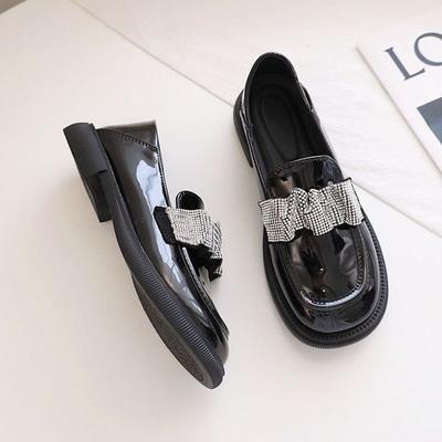 Fashion 2024 British Style Small Leather Shoes Women's Round Toe Rhinestone One Step Love Thick-soled College Style Single Shoes