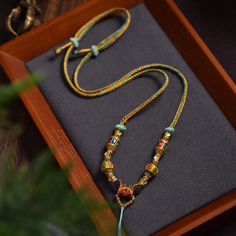 Tibetan Handmade Thangka Pendant Rope Necklace with Amber Charm