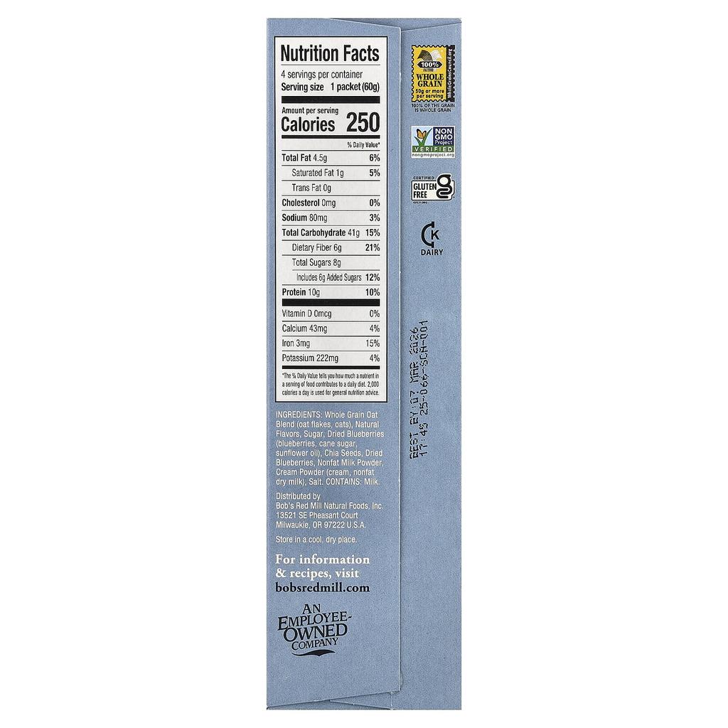 Bob's Red Mill Overnight Protein Oats, Whole Grain, Blueberries & Cream, 4 Pack, 60g (2.12oz) Each
