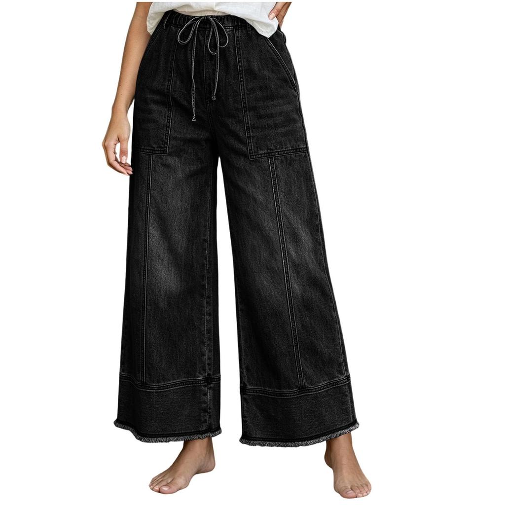 Women's Casual Wide Leg Drawstring Jeans with Pockets for Everyday Wear