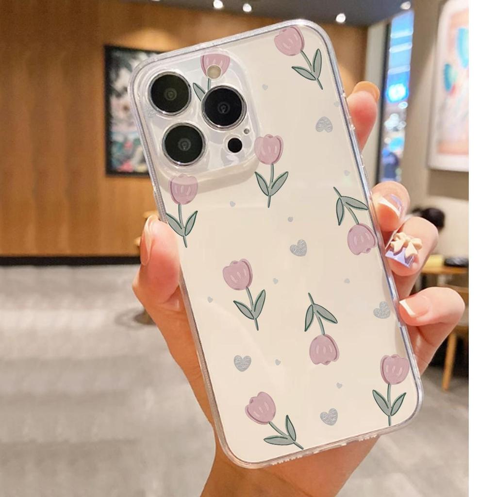 Pink Tulip Shockproof Transparent Case for iPhone 14-17 Pro Max Series