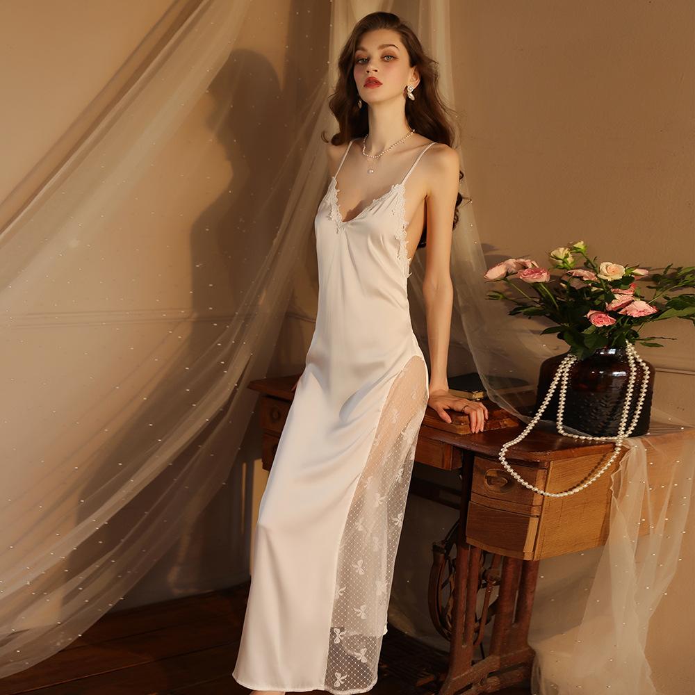 Fairy Style Elegant Lace Nightgown Deep V Built-in Bra Backless Crisscross Lace-Up Loungewear 420 Dreamy Supportive Sleepwear for Romantic Evenings