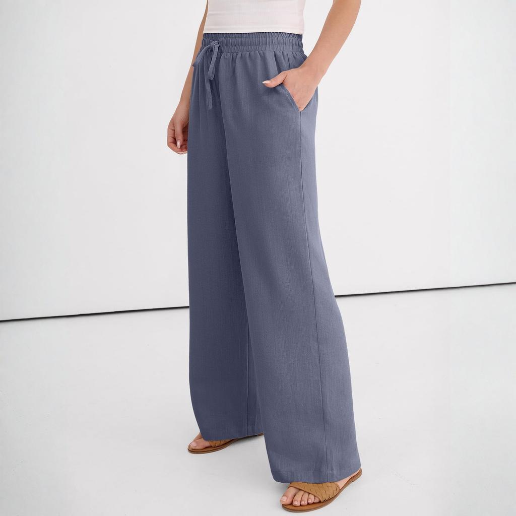 Wide Leg Pants For Women Flowy  Drawstring Elastic Waist Trousers With Pockets Summer Beach Vacation Clothes