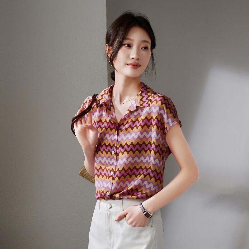 SOFSIL 2026 Summer Mulberry Silk Printed Short Sleeve Turn-Down Shirt