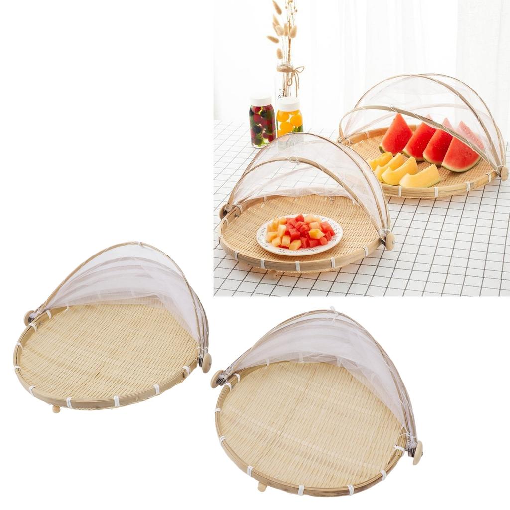 2Pcs Food Serving Tent Basket Fly Skeeter Insect Resistant Bamboo Basket With Dish Mesh Cover