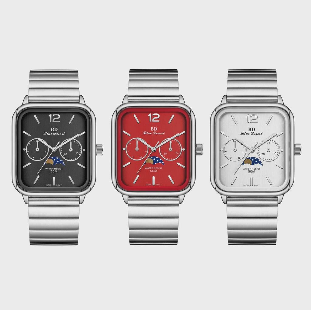 Cassie Moon Phase Quartz Watch: Stainless Steel, Waterproof, Unisex, Square Design