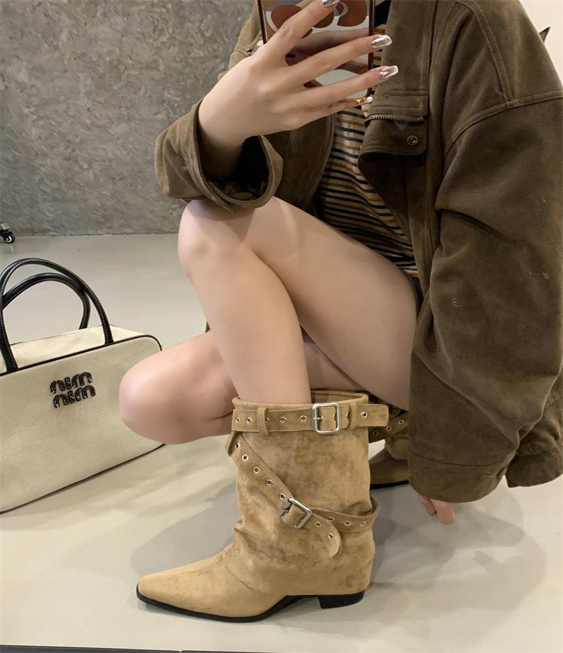 2025 New Retro Pointed Thin Boots Belt Buckle Thin But Knee Pile Boots Women's Versatile Thick Heel Mid Boots