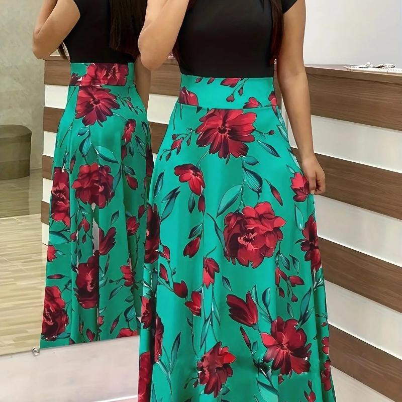 2024 European and American style flower print color matching short sleeved dress for women's large swing skirt