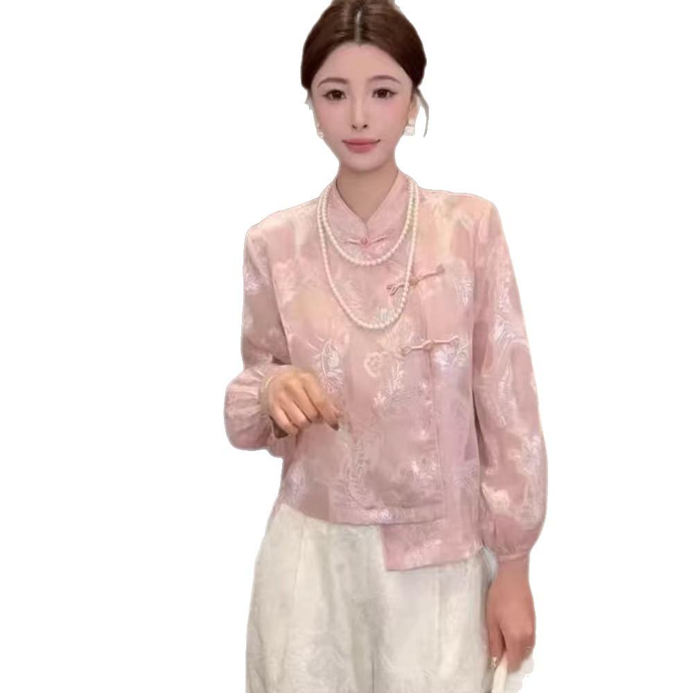 2026 Spring Chinese Style Embroidered Jacquard Frog Button Stand Collar Shirt