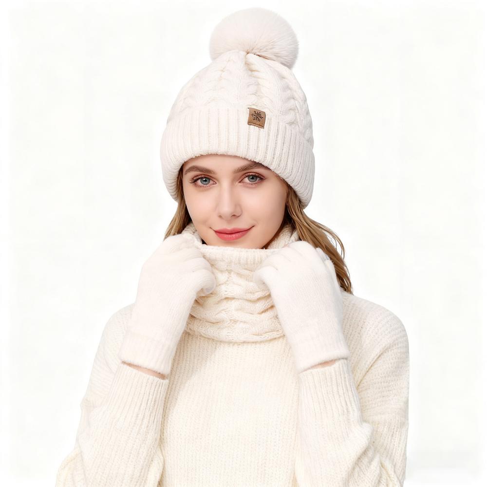 3Pcs Women Winter Hat Scarf Gloves Set Christmas Fur Ball Teenager Beanie Neck Warmer Suit Pompom Knitted Woman Men Cap Set