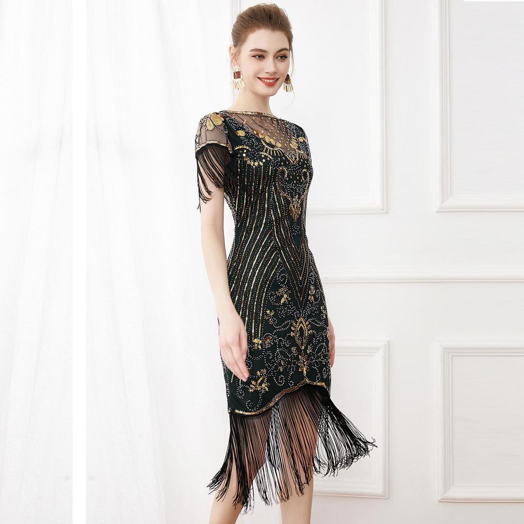 Vintage 1920s Sequin Beaded Ball Gown with Embroidery & Tassels - Plus Size Cocktail Dress