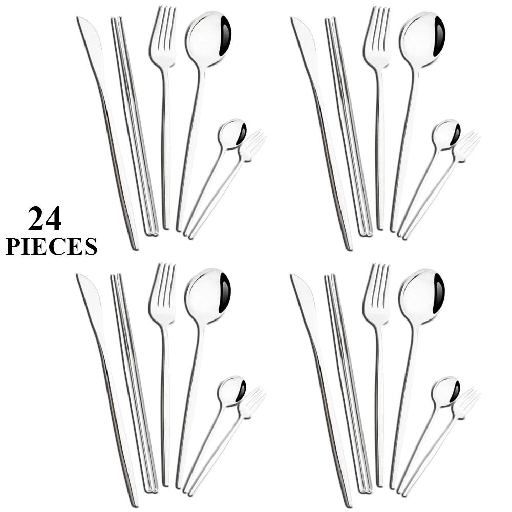 24Pcs Gold Tableware Set Stainless Steel Flatware Dinner Knife Forks Spoon Chopsticks Cutlery Set Kitchen Wedding Dinnerware Set