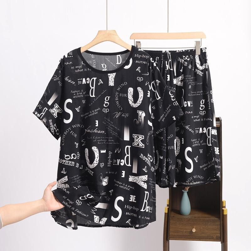Summer Men's Cotton and Silk Pajamas, Short-sleeved, Large-sized Loose Casual Printed Home Wear, Can Be Worn As An Outer Suit