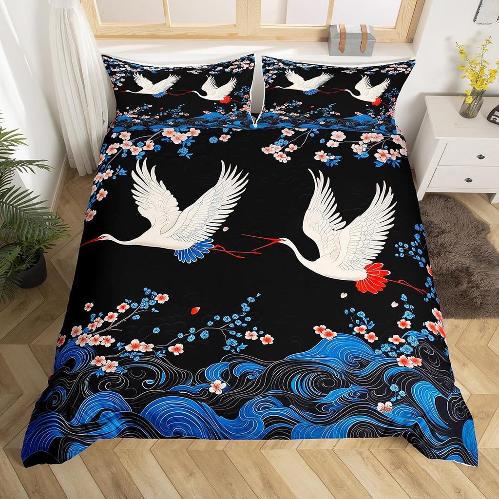 Comforter Crane Japanese Style Bedding Set Girly Bedroom Decor Cherry Blossoms Pattern