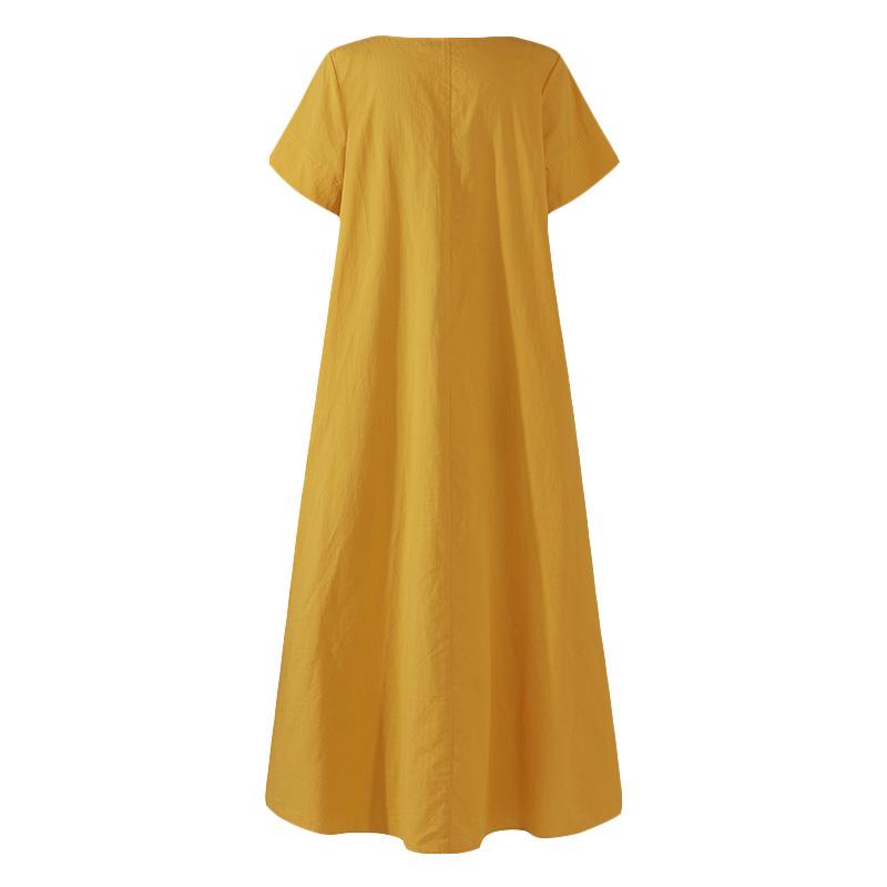 Vestido Maxi de Algodón y Lino de Verano para Mujer, Vintage Artístico de Color Sólido con Cuello Redondo de Manga Corta Holgado Talla Grande Casual Largo
