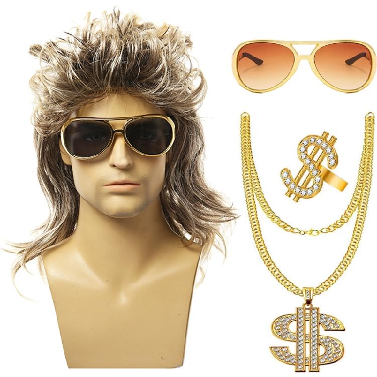 80s Disco Costume Accessories Hippie Glasses Curly Rock Wig Necklace for Unisex