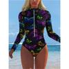 Women Long Sleeve One Piece Swimsuit Zip Front  Butterfly Flowers  Print Rash Guard Surfing Bathing Suit