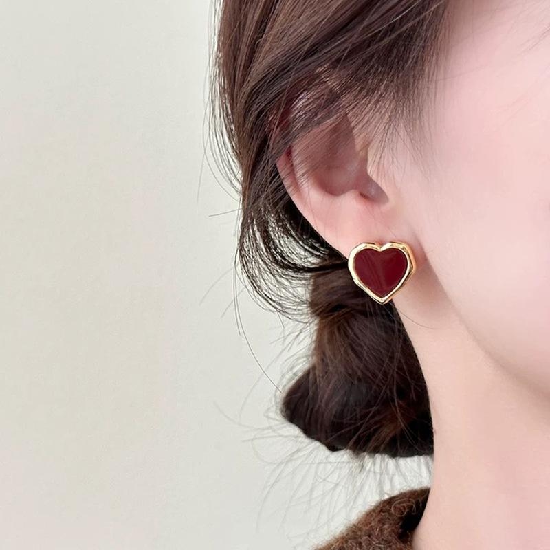 Red Ribbon Bow-knot Vintage Stud Earrings For Women Korean Fashion Autumn Winter Simple Bow Red Stud Earrings Geometric Earring