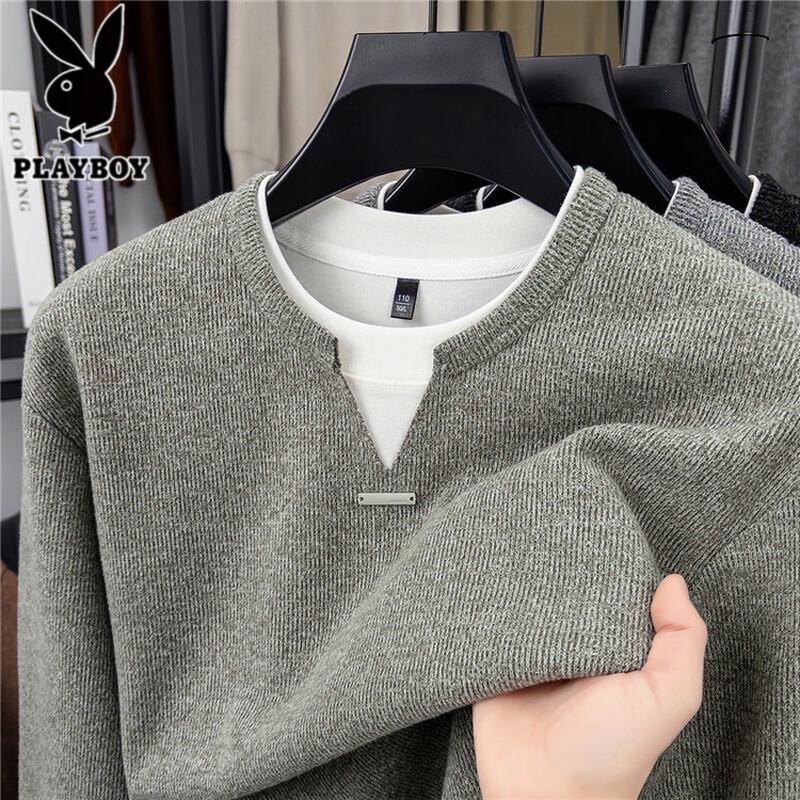 PLAYBOY Men's Mock Layered Knit Pullover Sweatshirt