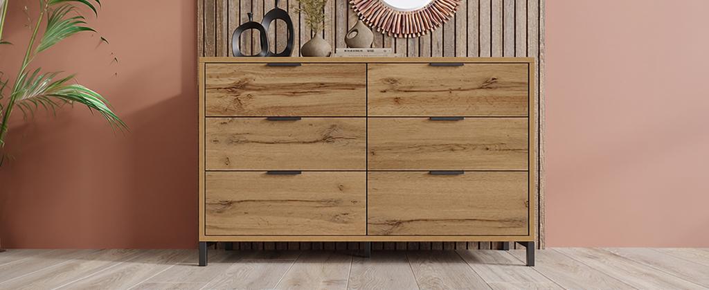 (=834445AAD) Kommode, Sideboard mit 6 Schubladen, 120 x 40 x 76 cm in Dunkler Eiche, Sideboard Highboard für Schlafzimmer & Alle Wohnbereiche