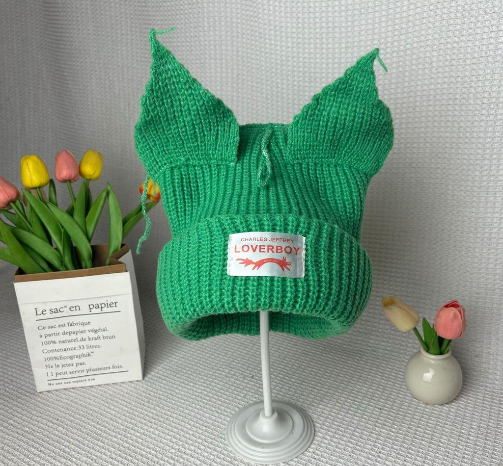 

Рожева в язана шапка з вушками мультяшного кота для зимового тепла та моди Style Q1