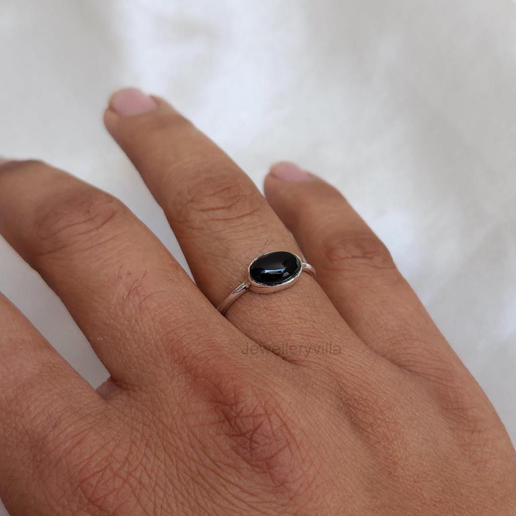 Natural Oval Cab Black Onyx 925 Sterling Silver Dainty Stacking Ring Jewelry