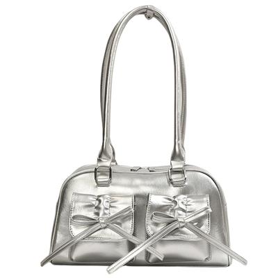 Women Daily Commuting Bag Double Pockets PU Leather Chic Hobo Bag (Silver)