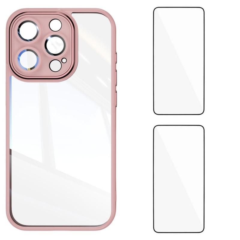 

For iPhone 13 Pro 6.1 inch TPU Case WANLONFENG Drop-proof Clear Phone Cover with 2Pcs Tempered Glass Film Pink