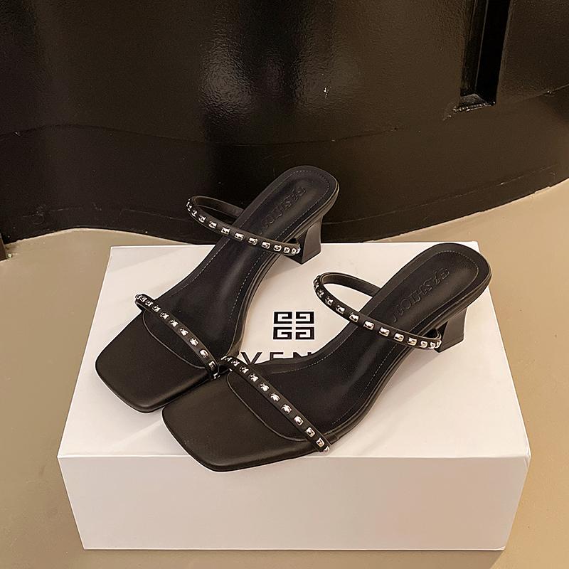 

Fashion Aphixta Narrow Bands Concise Summer Beach Shoes 6cm High Heels Slippers Metal Decoration Women Slides Shoe 35 чёрный