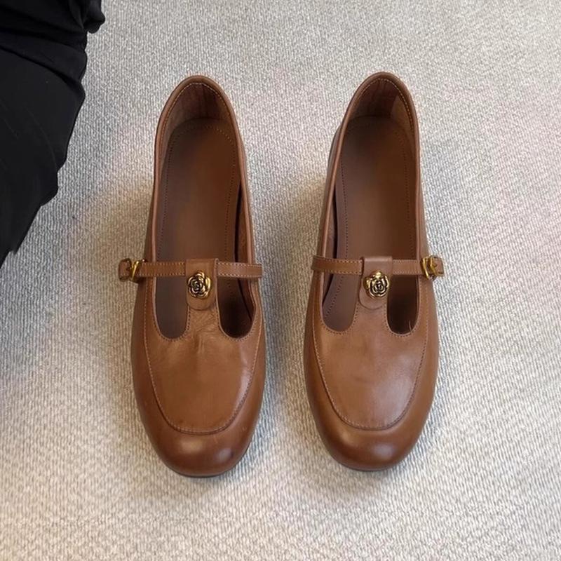 Soft leather shoes women's retro Mary Jane shoes small leather shoes new T-button pink single shoes light mouth women's shoes