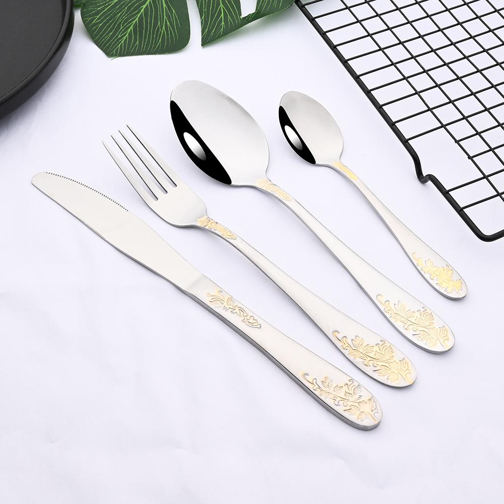 Vintage Western 32Pcs Silver Gold Flatware Cutlery Dining Set Luxury Knife Fork Teaspoon Set Engraving Dinnerware Set for Wedding